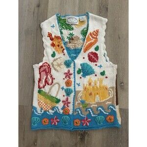 Eagles Eye Grannycore Hand Knit Sweater Vest Beach Novelty Seashell Starfish